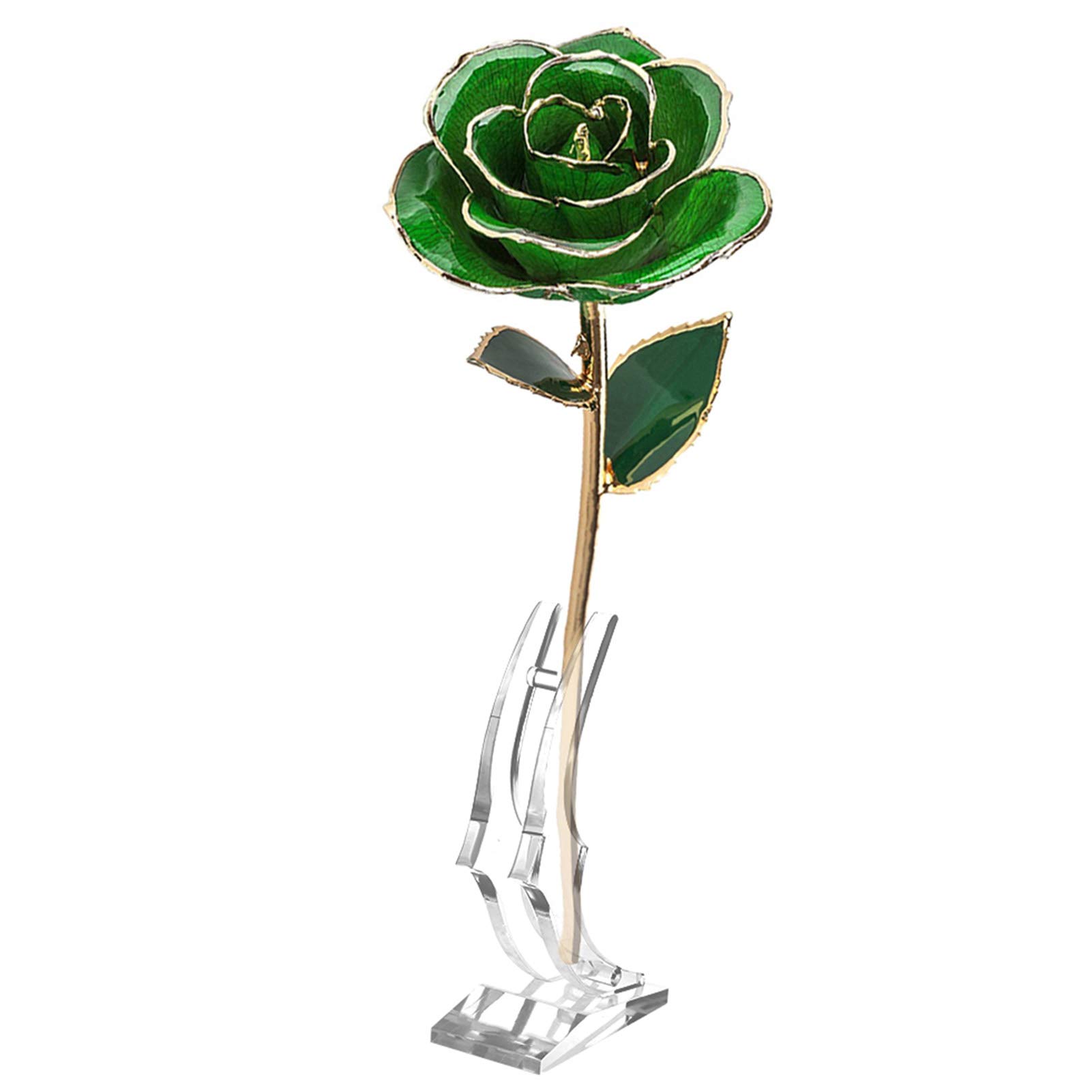 24K Gold Rose Forever Green Rose Artificial Flower Rose Petals Long Stem Craft Decorations Gift Ornament with Leaf and Base