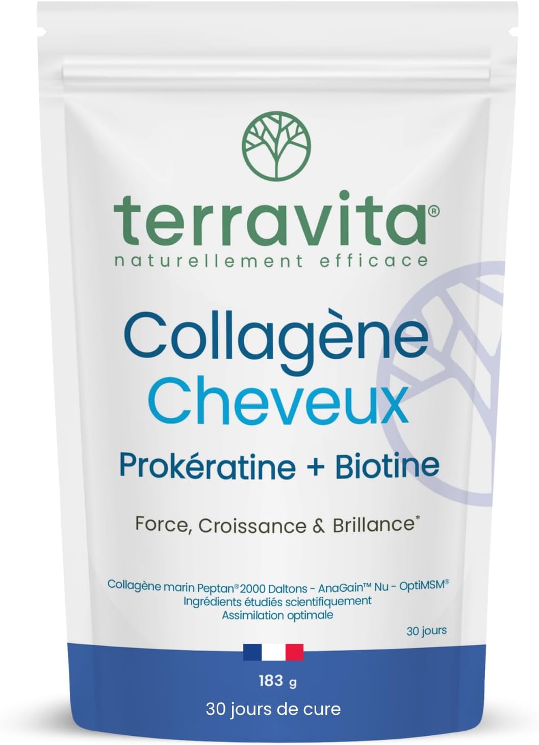 Hair Collagen | Biotin + Peptan Marine Collagen Type 1 + MSM + Silicon | Proven Effectiveness on Growth, Fortification and Anti-Loss Action | 30 Day Cure | Neutral Powder | Terravita