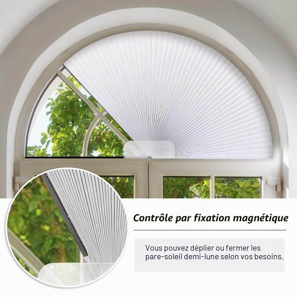 Stores occultants en forme de voûte cellulaire en demi-cercle, stores plissés en demi-lune pour fenêtres en demi-cercle, faciles à couper et à installer (rayon : 61 cm, blanc)