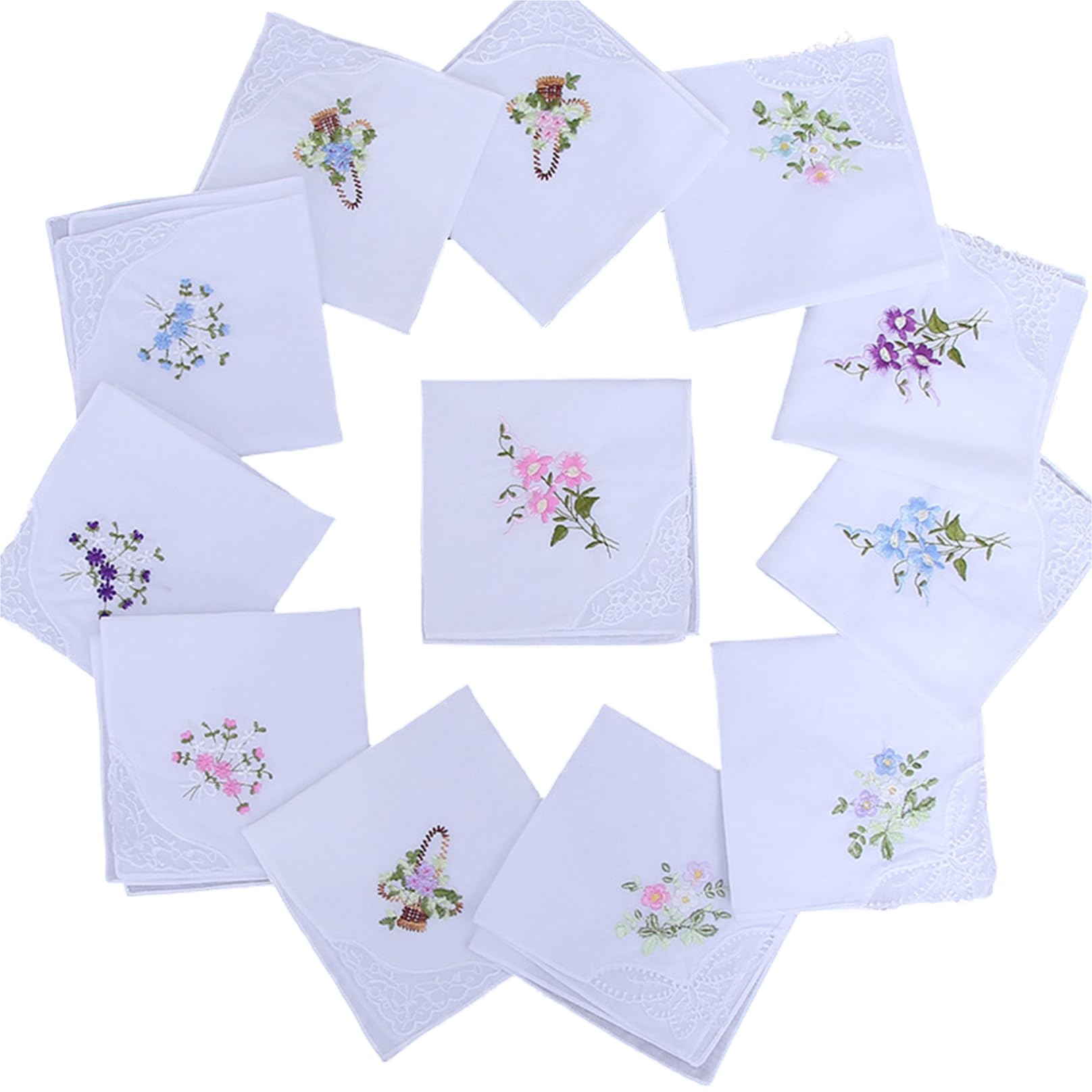 Handkerchiefs for Women 12Pcs 11x11inch Cotton Flower Embroidered Handkerchief with Lace White Hankies for Women Tea Random Style Embroidered Handkerchief