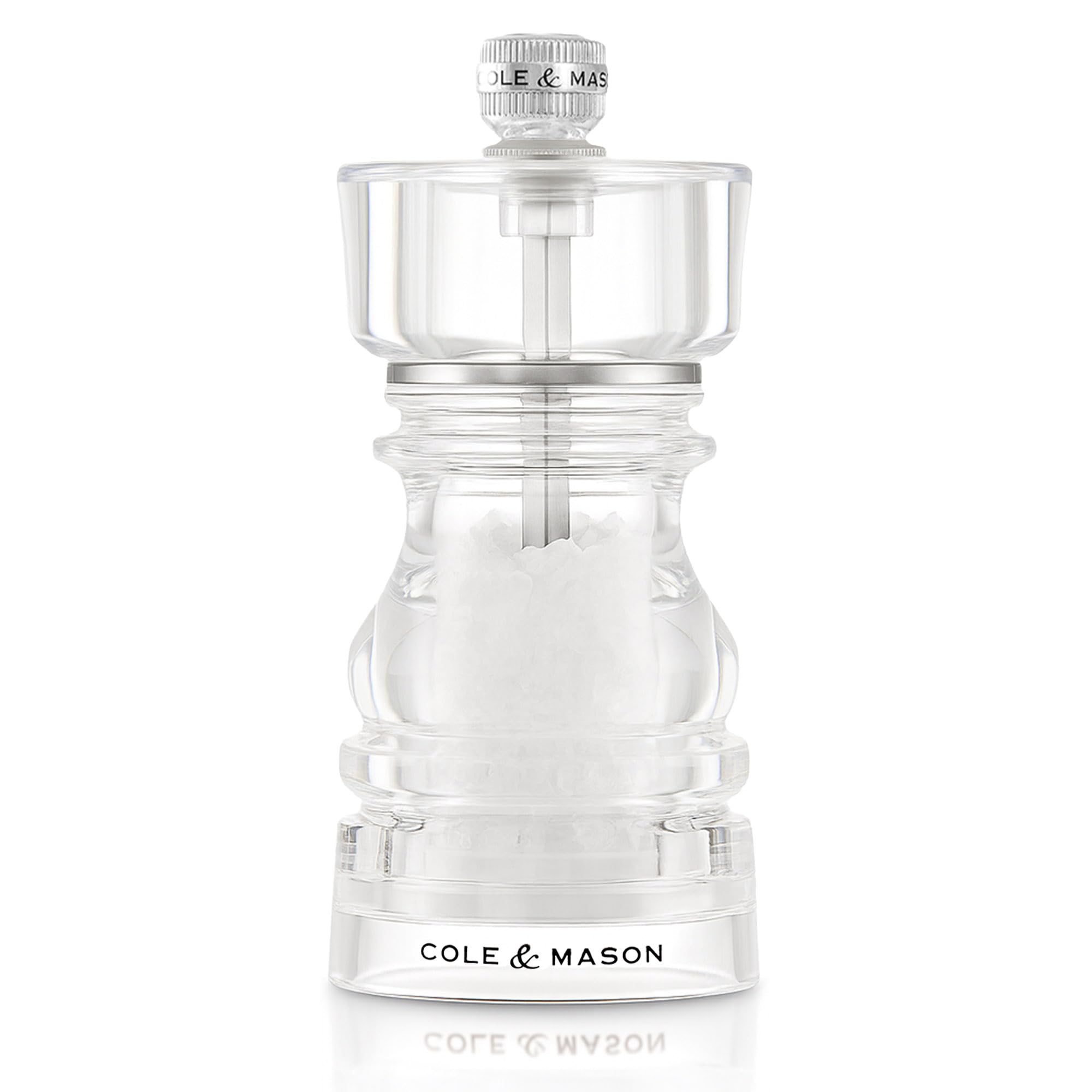 Cole & Mason London Acrylic Salt Mill, 13cm Salt Grinder with Adjustable Grind, Non Corroding Ceramic Mechanism, Seasoning Mill, Lifetime Mechanism Guarantee