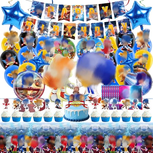 68 piezas de decoración de fiesta de cumpleaños para niños, decoraciones de feliz cumpleaños de dibujos animados con mantel, servilletas, platos, pancartas, espirales, globos de aluminio, decoración
