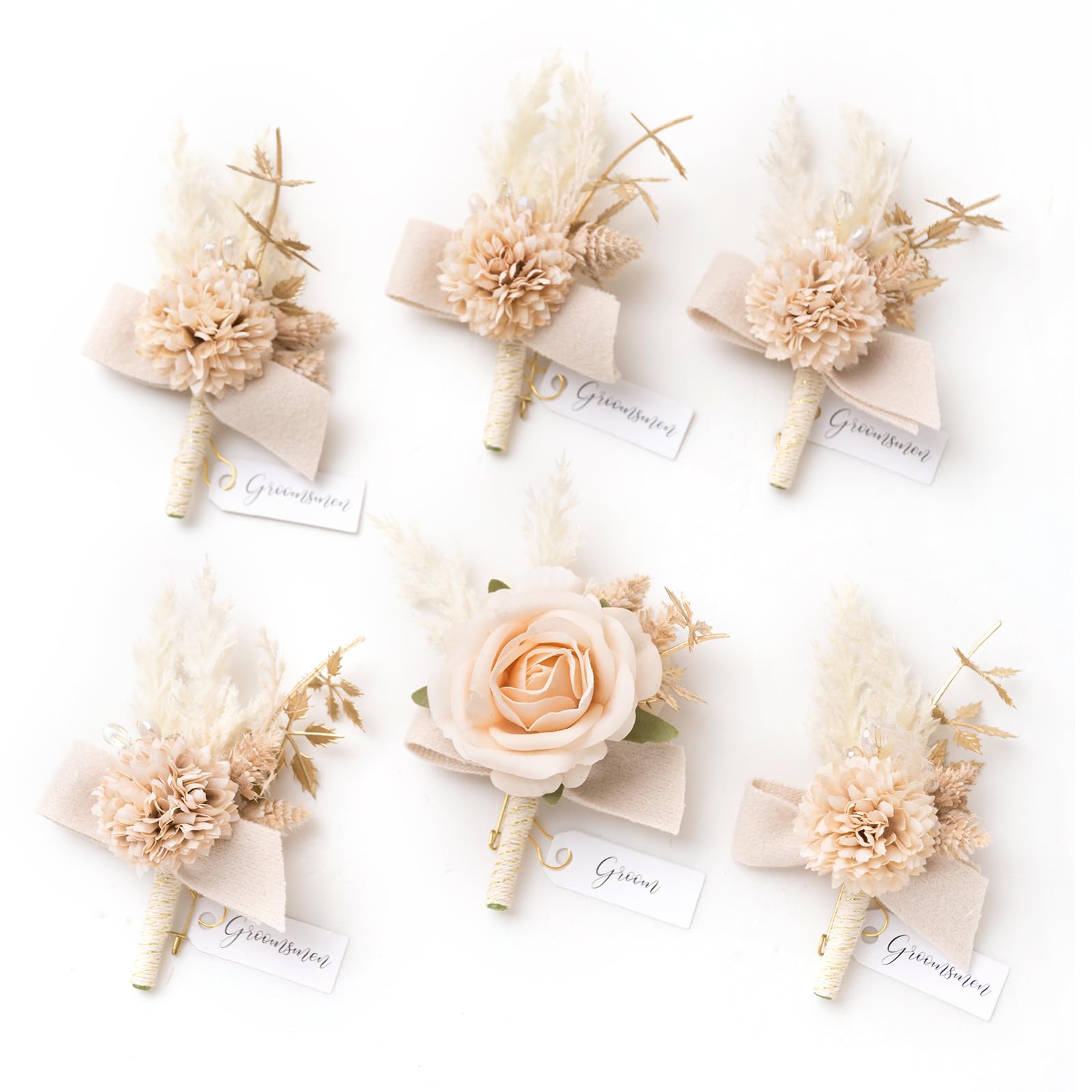 Ling's moment Boutonniere for Men 6pcs Groom Groomsmen Boutonniere, Artificial Flowers for Wedding Decor/Prom/Homecoming