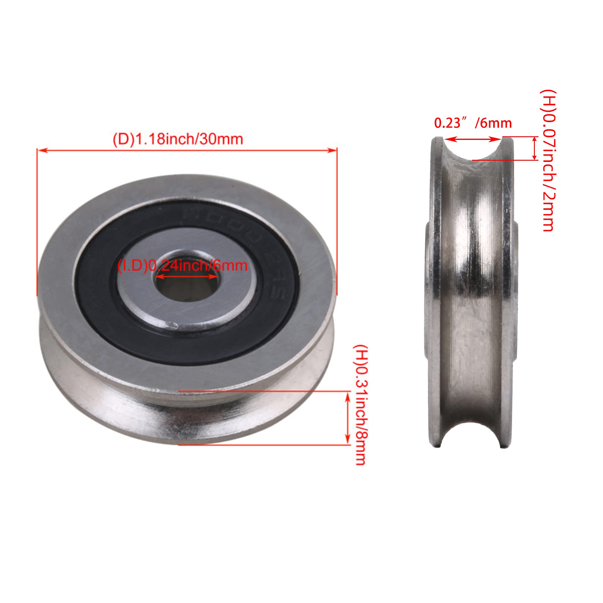 4 Stück U-Type Lager Riemenscheibe Rad 6x30x8mm Belastung 355kg Silber für Tür Fenster