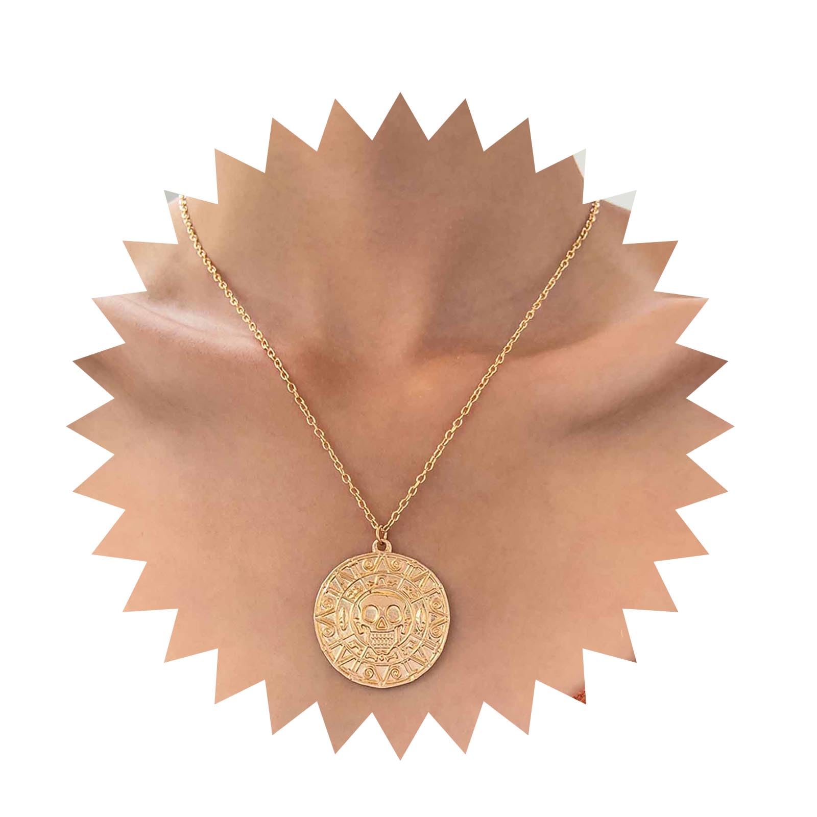 Vacaonio Gothic Large Disc Pendent Necklace Skull Coin Necklace Gold Disc Coin Necklace Pirates Of The Caribbean Necklace Jack Sparrow Necklace Aztec Coin Medallion Necklace Jewelry for Women and Girl