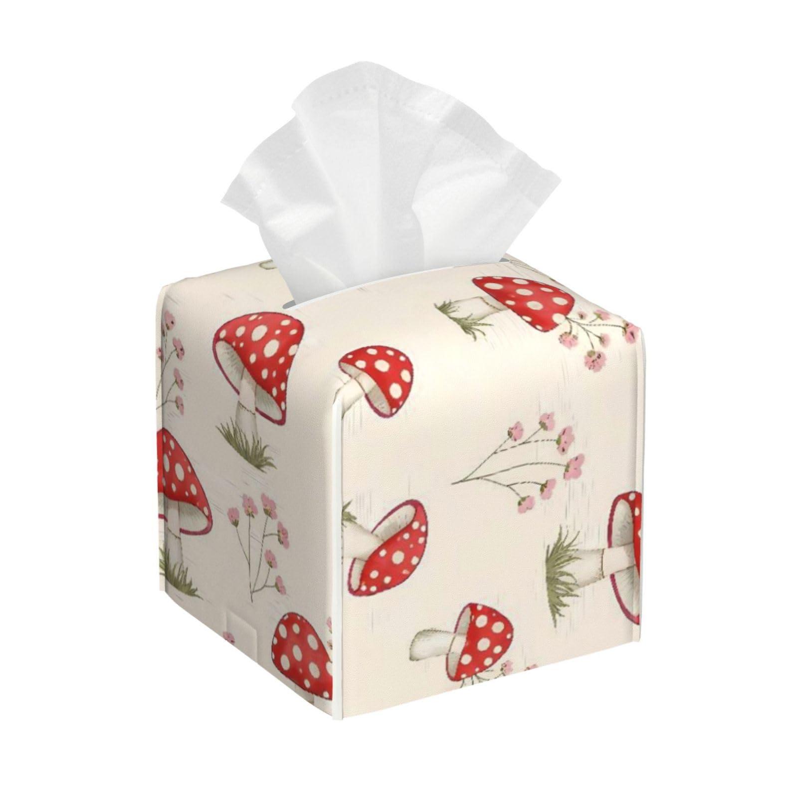 Floral Red Mushroom Leather Tissue Box Cover Holder Square Facial Paper Organizer 5.2" X 5.2" X 5.2"