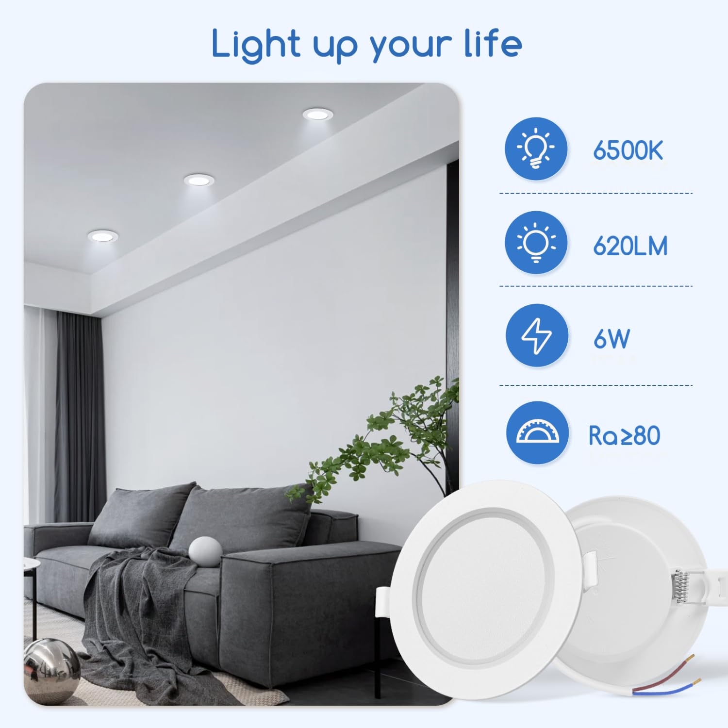 Aigostar Downlight led empotrable Redondo 6W equivalente 49W, 6500K Luz blanca fria, Blanco,foco empotrable LED,Ojos de buey de led, Ф95-100mm, 6 pack