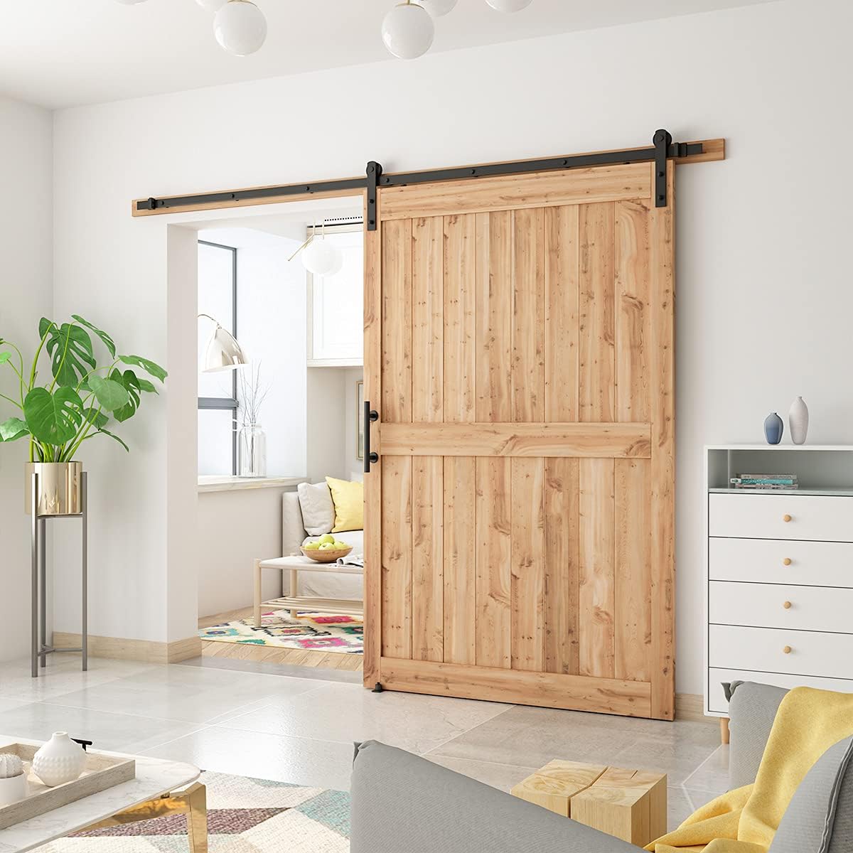 SMARTSTANDARD 9 FT Heavy Duty Sturdy Sliding Barn Door Hardware Kit, Black, (Whole Set Includes 1x Pull Handle Set & 1x Floor Guide) Fit 50''-54" Wide Door Panel (I Shape Hanger)