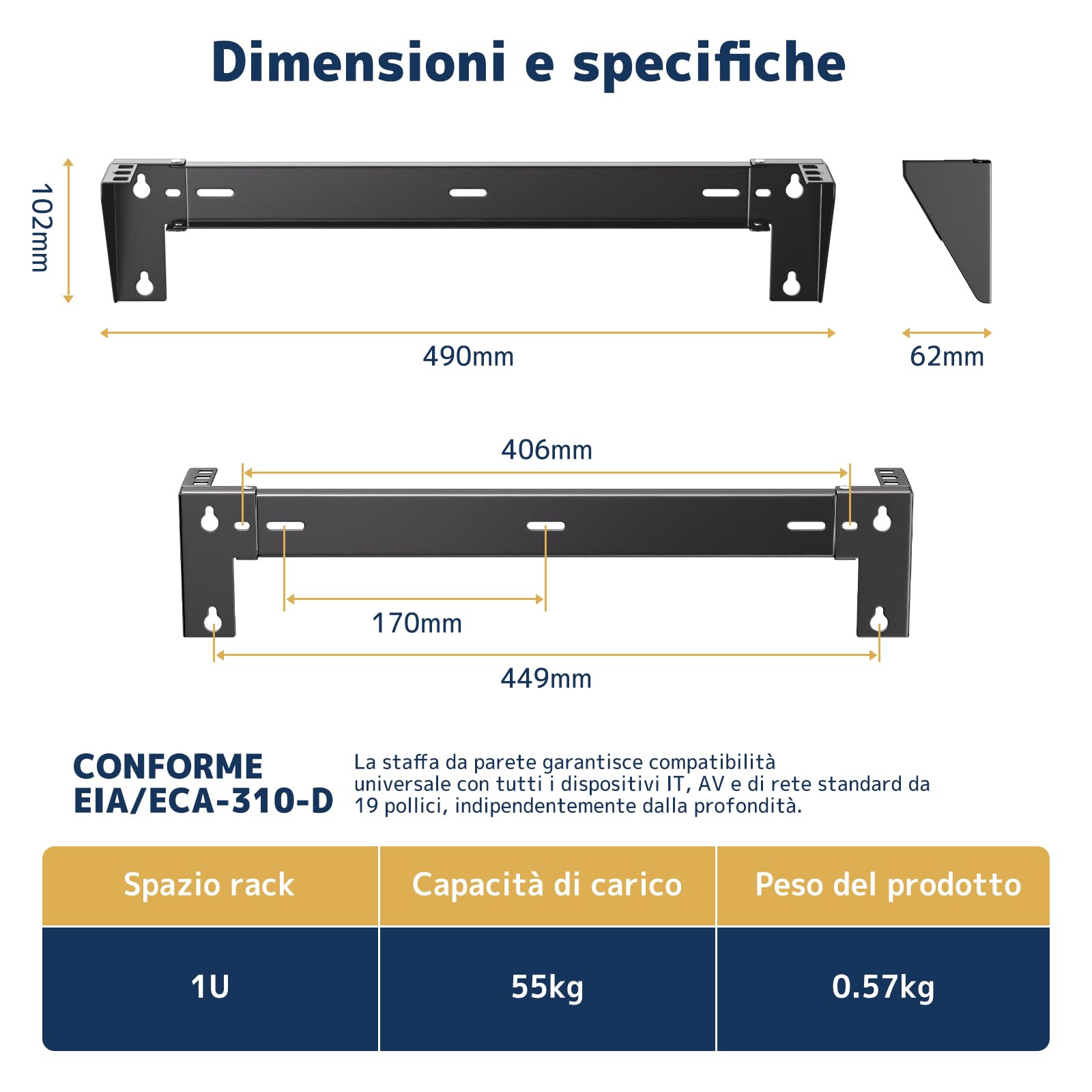 Staffa Rack a Parete 1U da 19 Pollici - Montaggio Verticale e Sotto Scrivania, Supporto in Acciaio per Server, Switch di Rete, Patch Panel o Server, Portata fino a 55 kg, Kit di Montaggio Incluso