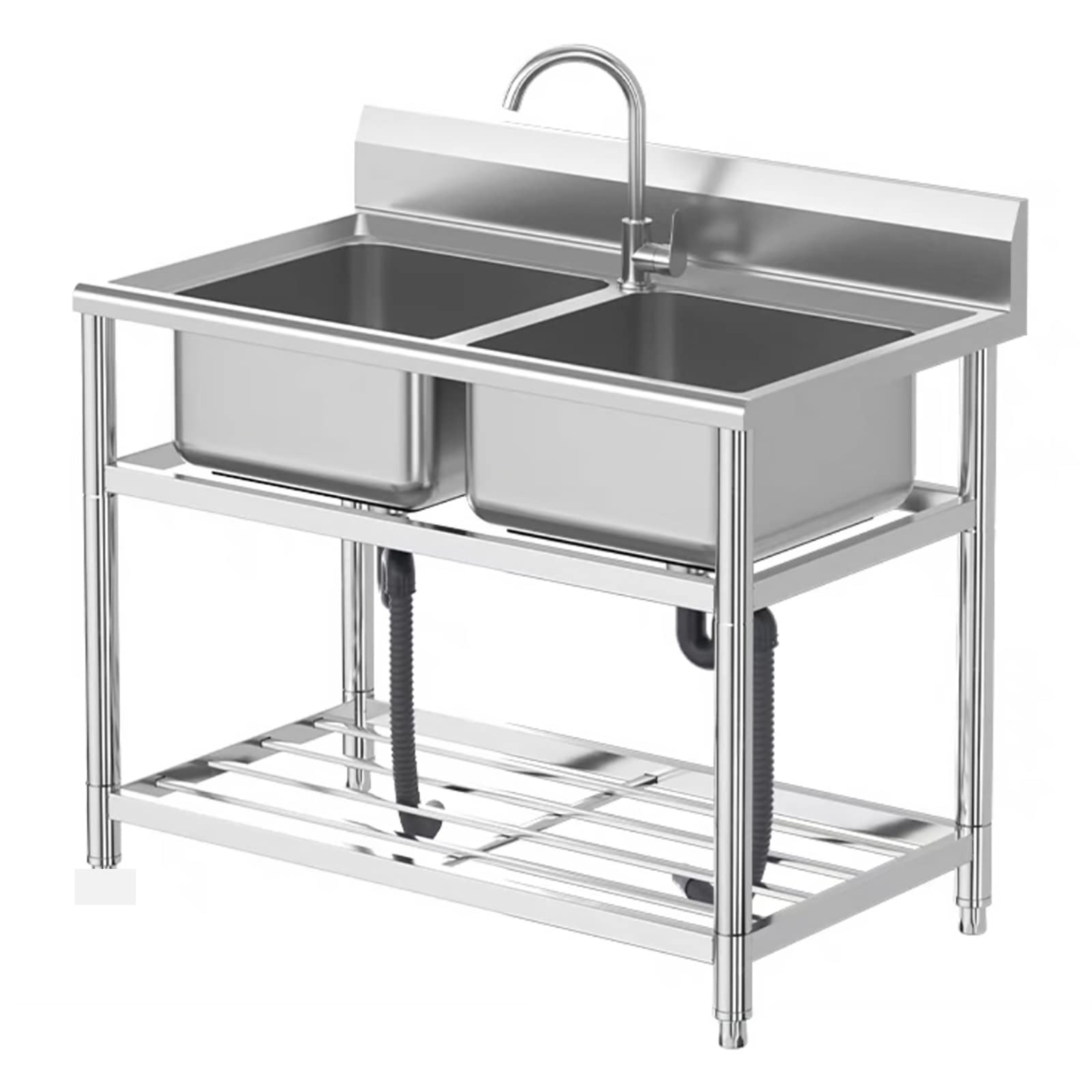LMYSXAOZ Utility Sink Double Bowl Sinks Stainless Steel Freestanding with Faucet and Storage Shelves Drainer Unit for Outdoor Garage Commercial Restaurant Kitchen Laundry Room. (Color : Cold alone)
