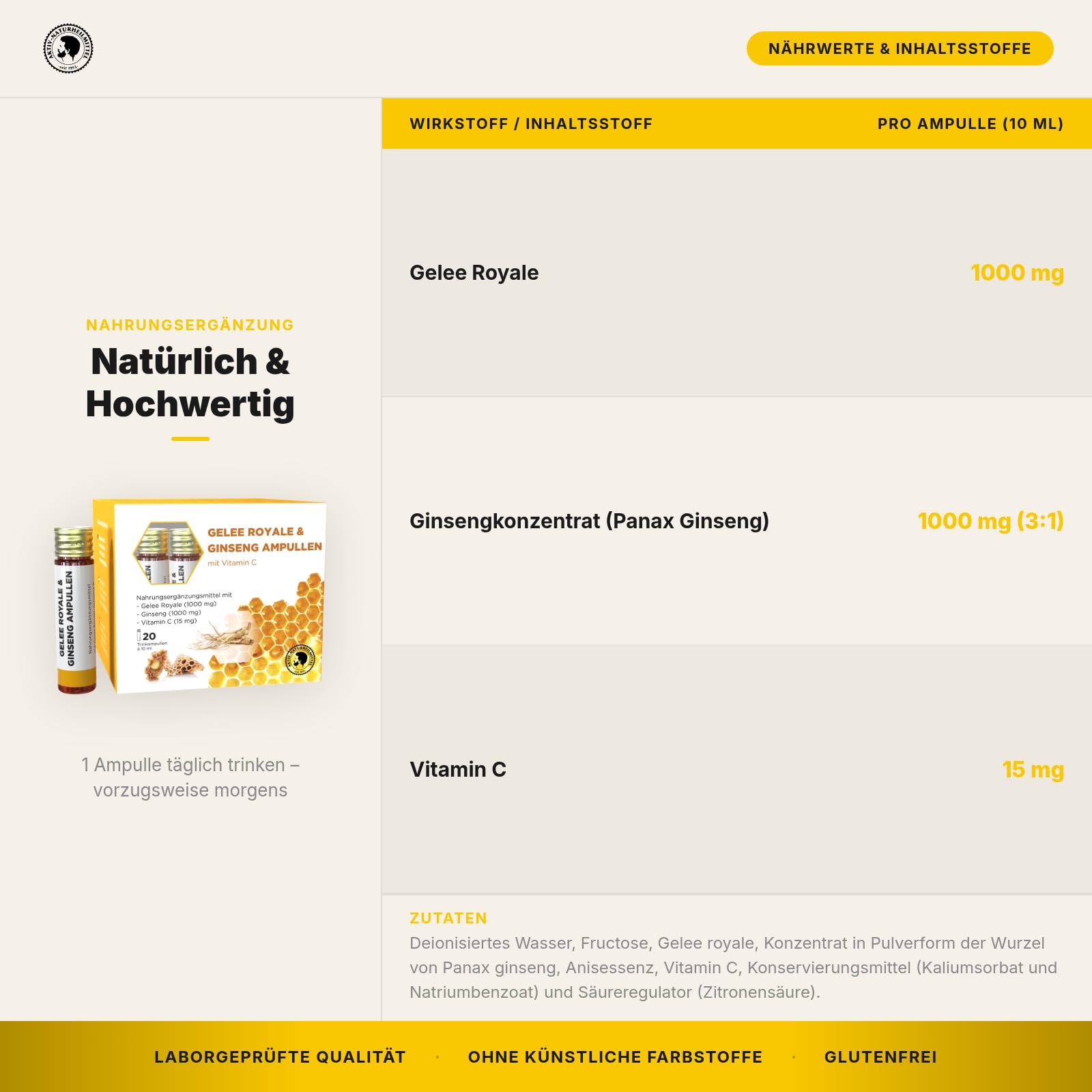 AKTIV NATURHEILMITTEL Gelee Royale & Ginseng Trinkampullen, 20 Stück | je 1000mg Gelee Royale, 1000mg Ginseng (Panax), mit Vitamin C, Familienunternehmen seit 1993