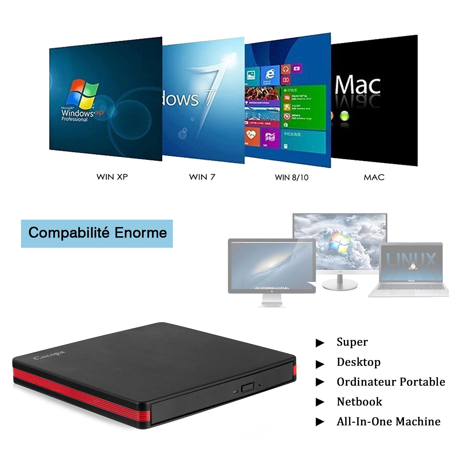 Cocopa Lecteur DVD Externe, USB 3.0 Graveur Enregistreur Portable CD Rom +/-RW Mince Player Transmission Rapide Câble USB Intégrée Win7 10 Mac Os Apple iMac Macbook Laptop PC