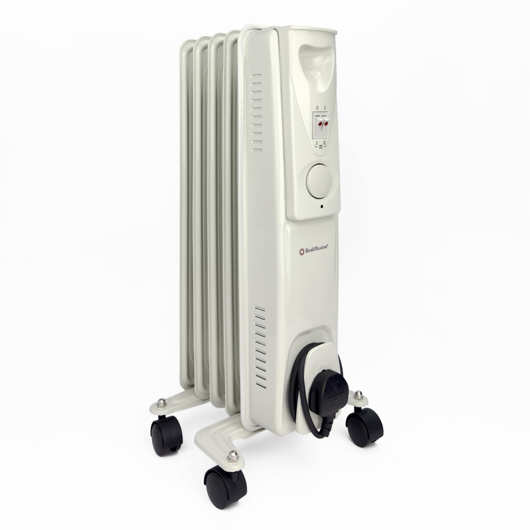 Rediffusion Oil Filled Radiator, 1000W, 5 Fin, Variable Heat, Adjustable Thermostat, Compact & Portable, Overheat Protection, Rapid Heat Convection Technology, White - REDA07S5