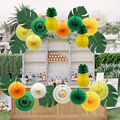 Image of MEIDUO Summer Pineapple Party Decoration, Hawaiian Party Supplies Tropical Palm Leaves Honeycomb Pineapple Hanging Paper Fans for Adults Kids Birthday Baby Shower Bachelorette (Yellow)
