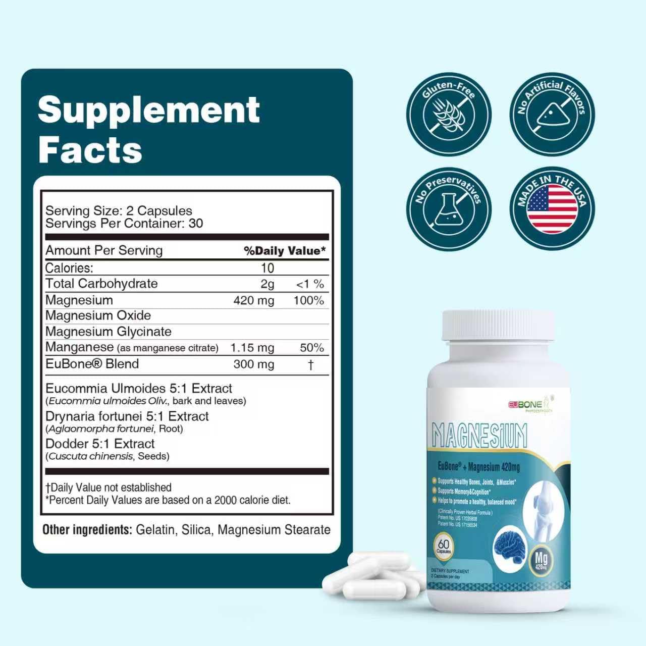 Magnesium Oxide and Glycinate Extra Strength 420mg, High Absorption Magnesium Supplement with EuBone and Manganese, Support Muscle, Joint & Bone Health, Improve Mood & Cognitive, 60 Capsules