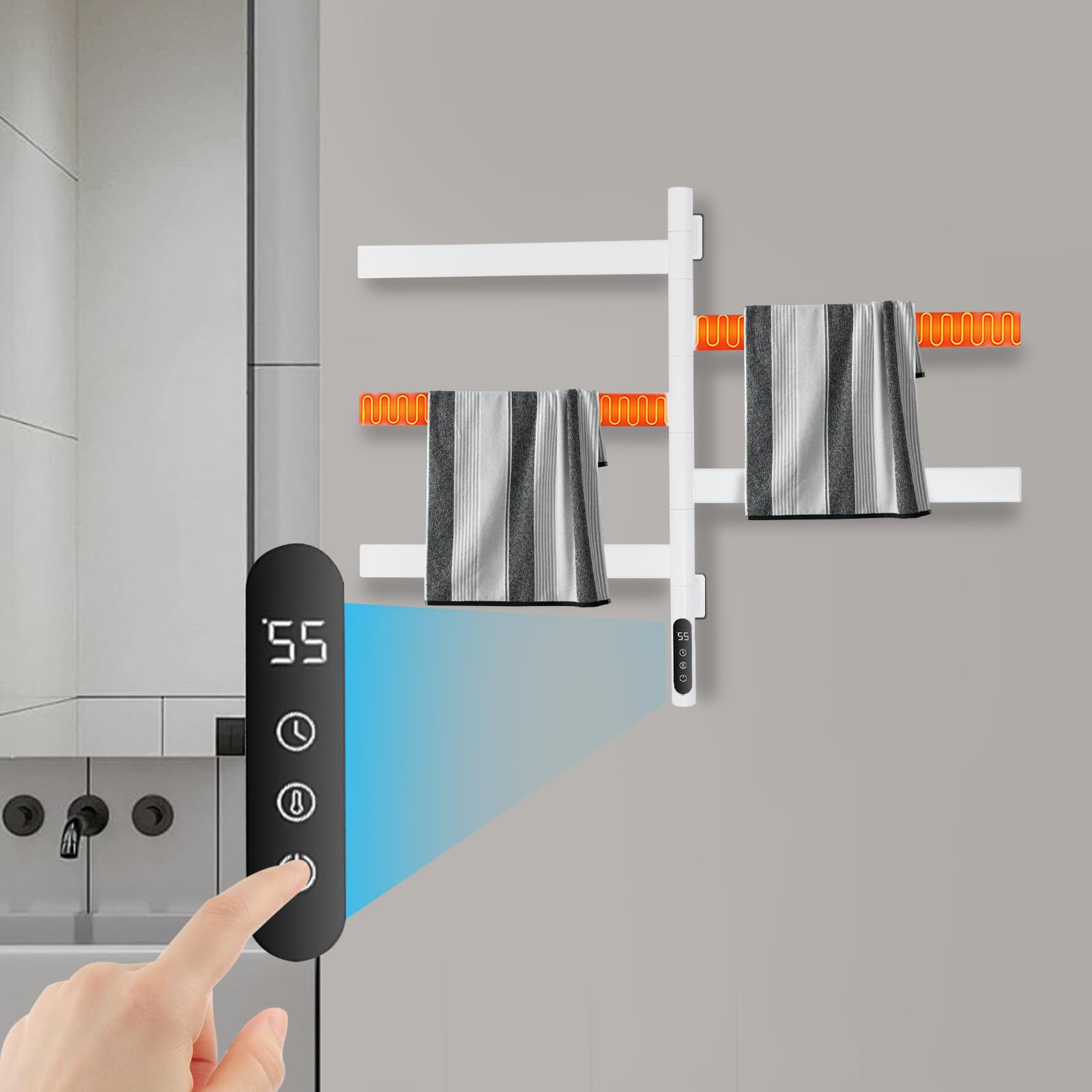 Scaldasalviette elettrico girevole a 180°, intelligente LED touch screen, portasciugamani rotante, per bagno, montaggio a parete, scaldasalviette (bianco)