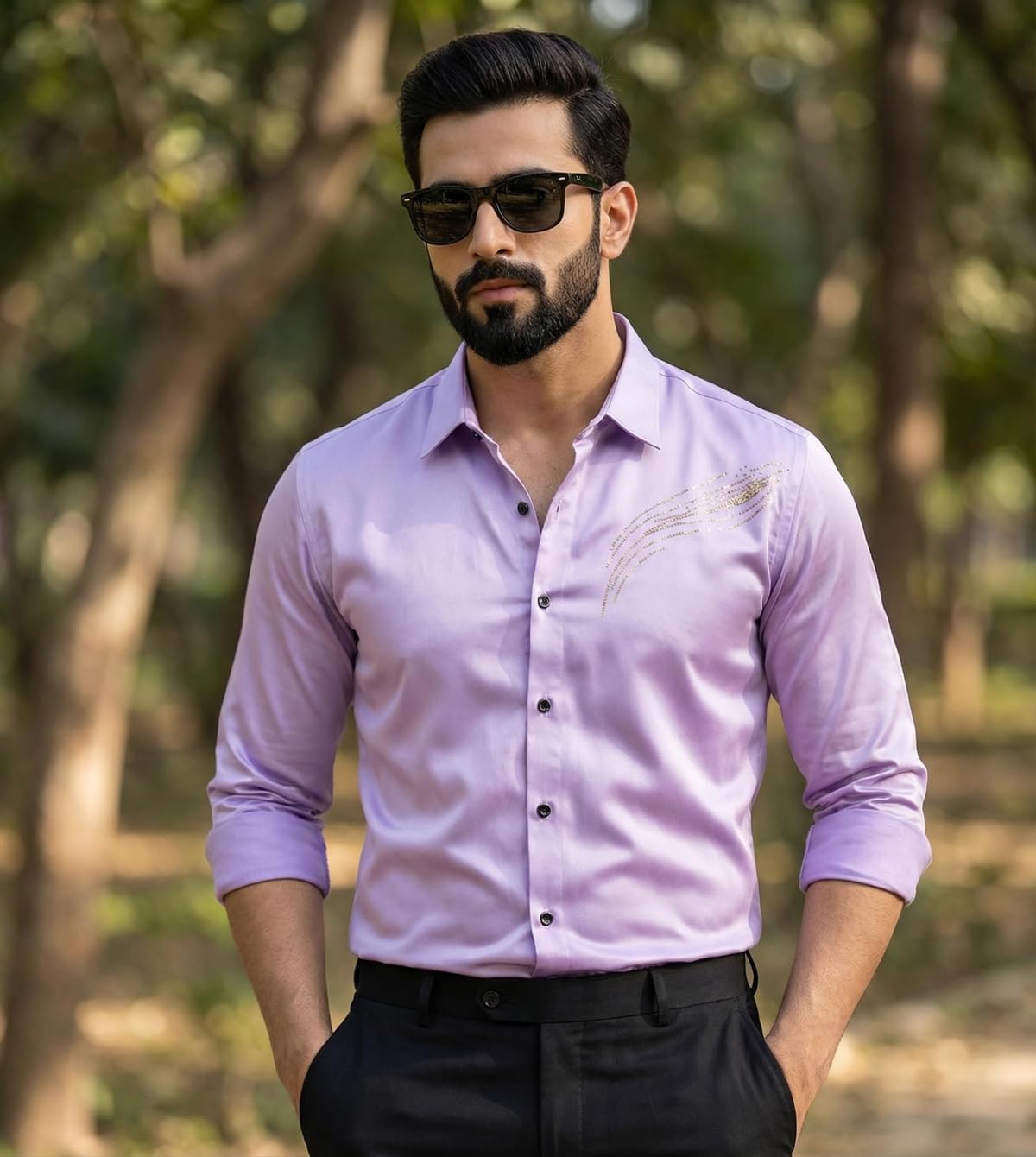 IndoPrimo Elegante camisa de satén para hombre, corte normal, estilo casual, estilo de diseñador, trabajo de piedra, fiesta, manga formal
