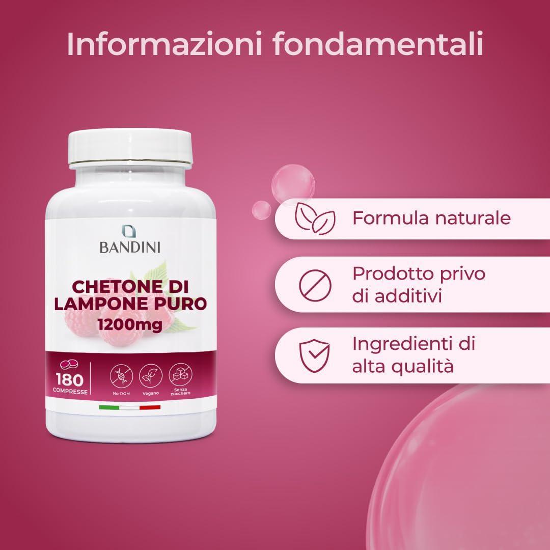 Bandini® Chetoni Esogeni di Lampone Puro 1200mg - Integratore Vegano con 180 Compresse per 6 Mesi - Vegan, Facile da Deglutire - Ideale per Dieta Keto, Low Carb e Stili di Vita Equilibrati