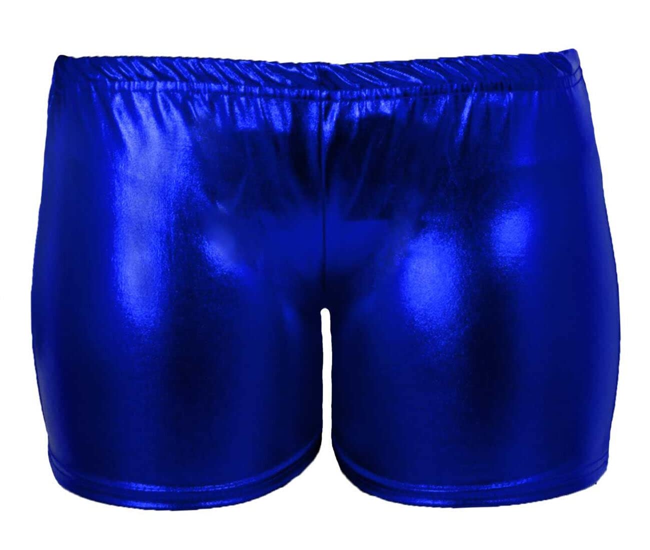 FAIRY BOUTIQUE Womens Sexy Disco Party Outfit Wet Look Mini Pant Ladies Elastic Waist Metallic Shinny Hot Pant Royal Blue
