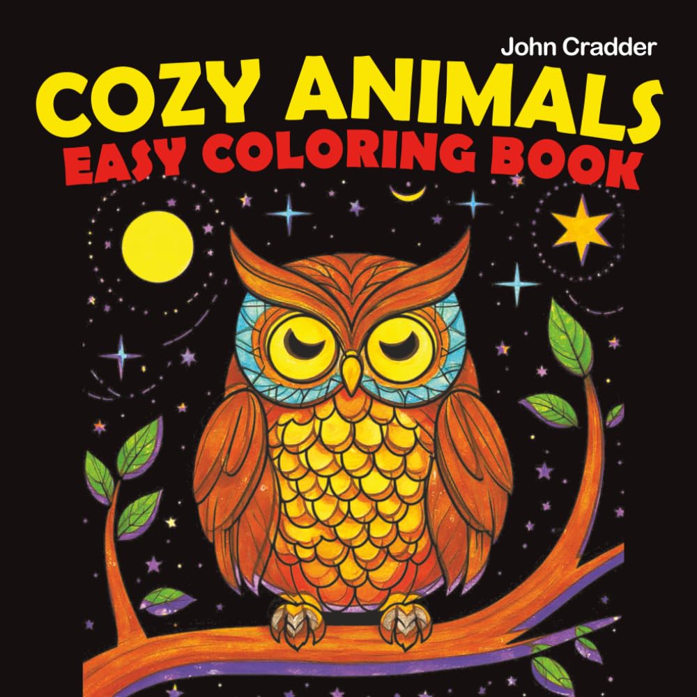 Cozy Animals Easy Coloring Book: for children Ages 4+, 50 animals, Black background (Black background coloring books - Ages 4+)
