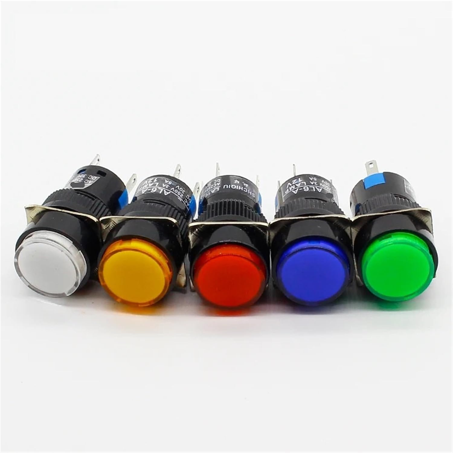 1pc 16mm 6V 12V 24V 220V LED Push Button Switch Blue Green Red Yellow White lamp Fixed Pushbutton Switches Latching Push On Start(White,24V)