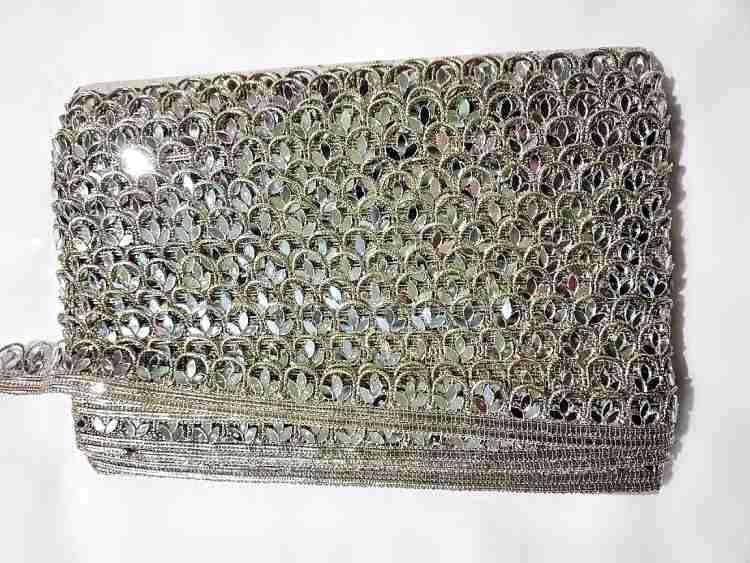 LACESNMORE Small Tilak Shape Silver Mirror Work lace, Mirror lace Handwork Border for Craft n Decorating Fabrics (Water Golden Silver) 1