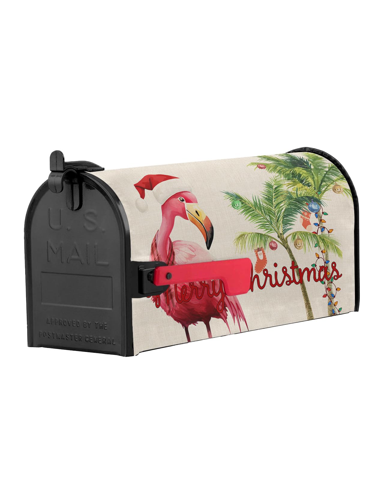 EwdeWwo Merry Christmas Magnetic Mailbox Cover, Tropical Flamingo Palm Tree Mailbox Wraps Post Box Cover Garden Yard Outdoor Decor Standard Size 18x21 Inch
