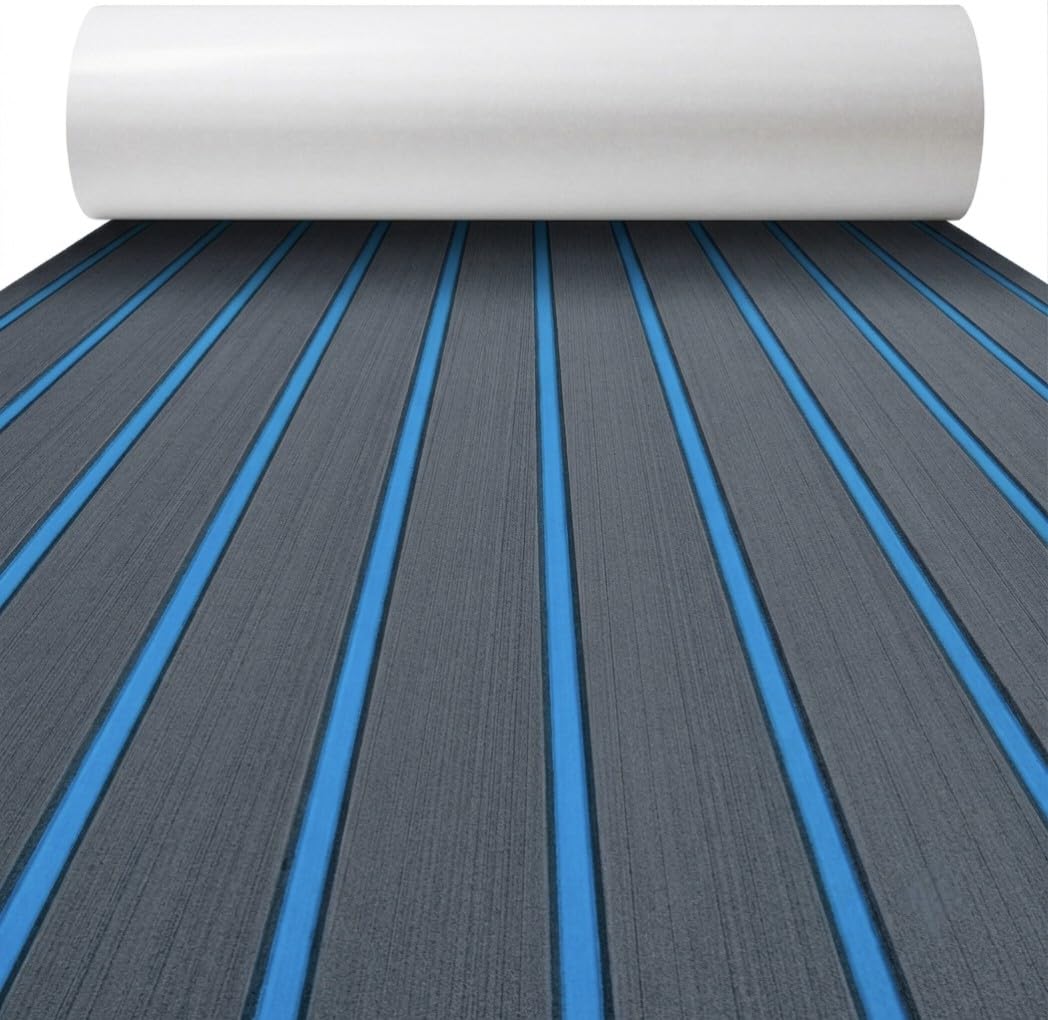 FOCEAN Boat Flooring EVA Foam Boat Decking Self-Adhesive Non-Slip Marine Carpet for Jon Boat Bass Boat Pontoon Boat Motorboat RV Yacht Kayak Surfboard, 94"x 47" Dark Grey with Blue Lines