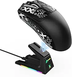 ATTACK SHARK X1 Mouse gamer sem fio ultraleve com dock de carregamento magnético RGB,fita antiderrapante,sensor PixArt PAW3395 Pro,40000 DPI,BT/2,4 GHz/com fio,microinterruptor para PC Mac(Preto)