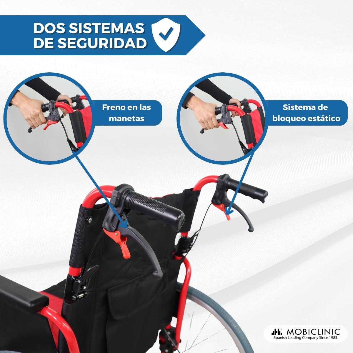 Mobiclinic®, Silla de ruedas plegable, Aluminio, Doble sistema frenado, Reposapiés abatibles y extraíbles, Reposabrazos, Respaldo partido, Asiento 44 cm, Ultraligera