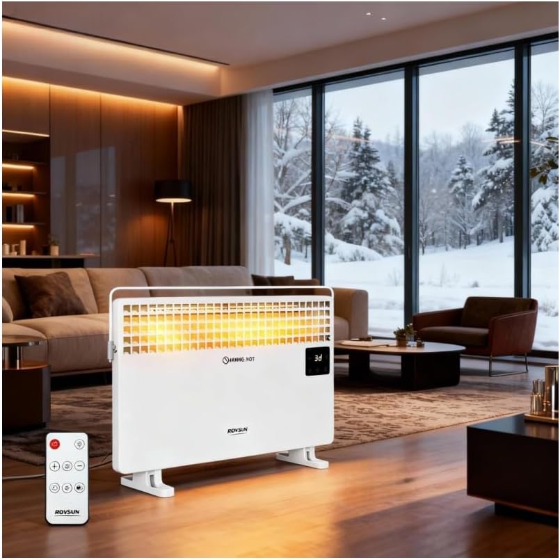 מחמם פאנל Rovsun עם שלט רחוק ומוט מגבות, מחמם חלל חשמלי קורן עצמאי עם מסך מגע LCD והתאמת טמפרטורה, טיימר 12H, לשימוש פנימי, חדר שינה, משרד, בית, 1500W