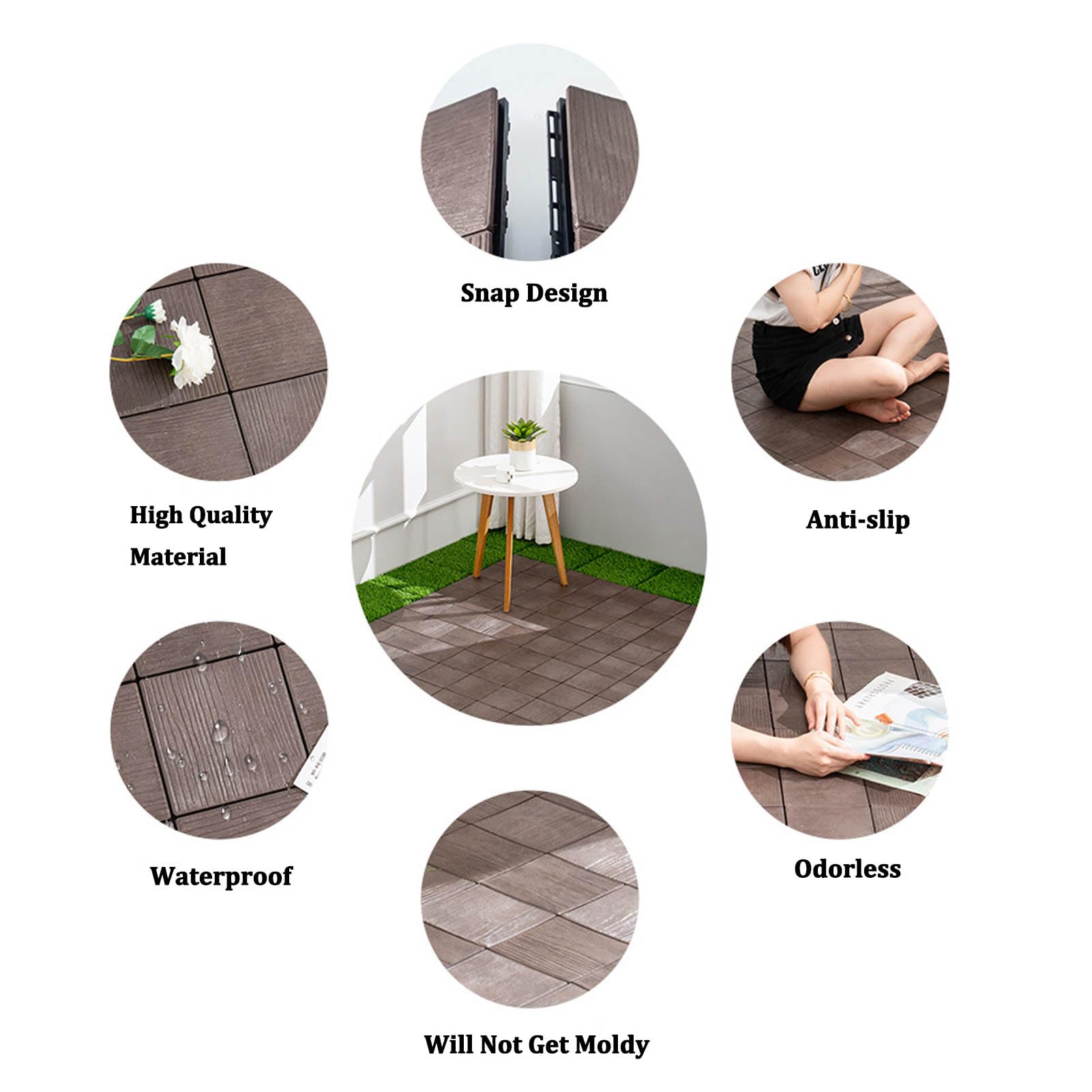 Piastrelle composite ad incastro per pavimenti in legno, per patio, giardino, piscina, interni ed esterni