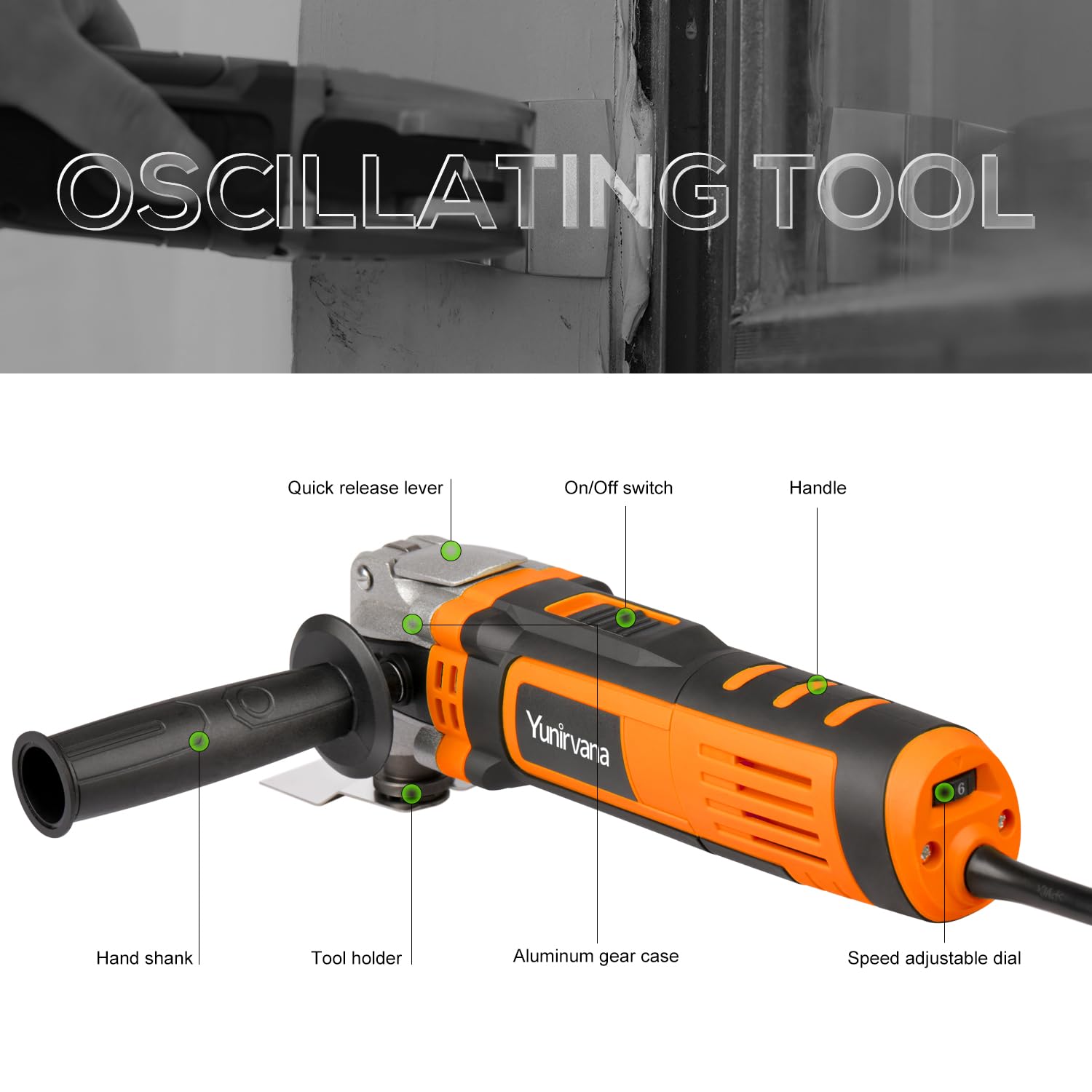 Yunirvana Outil Oscillant 400W Multifonction Oscillant, 6 Vitesses Variables 15000-22000RPM, Angle Oscillant: 4 °,28 Accessoires, Multi Outil Oscillant pour Couper, Poncer, Gratter, Scier