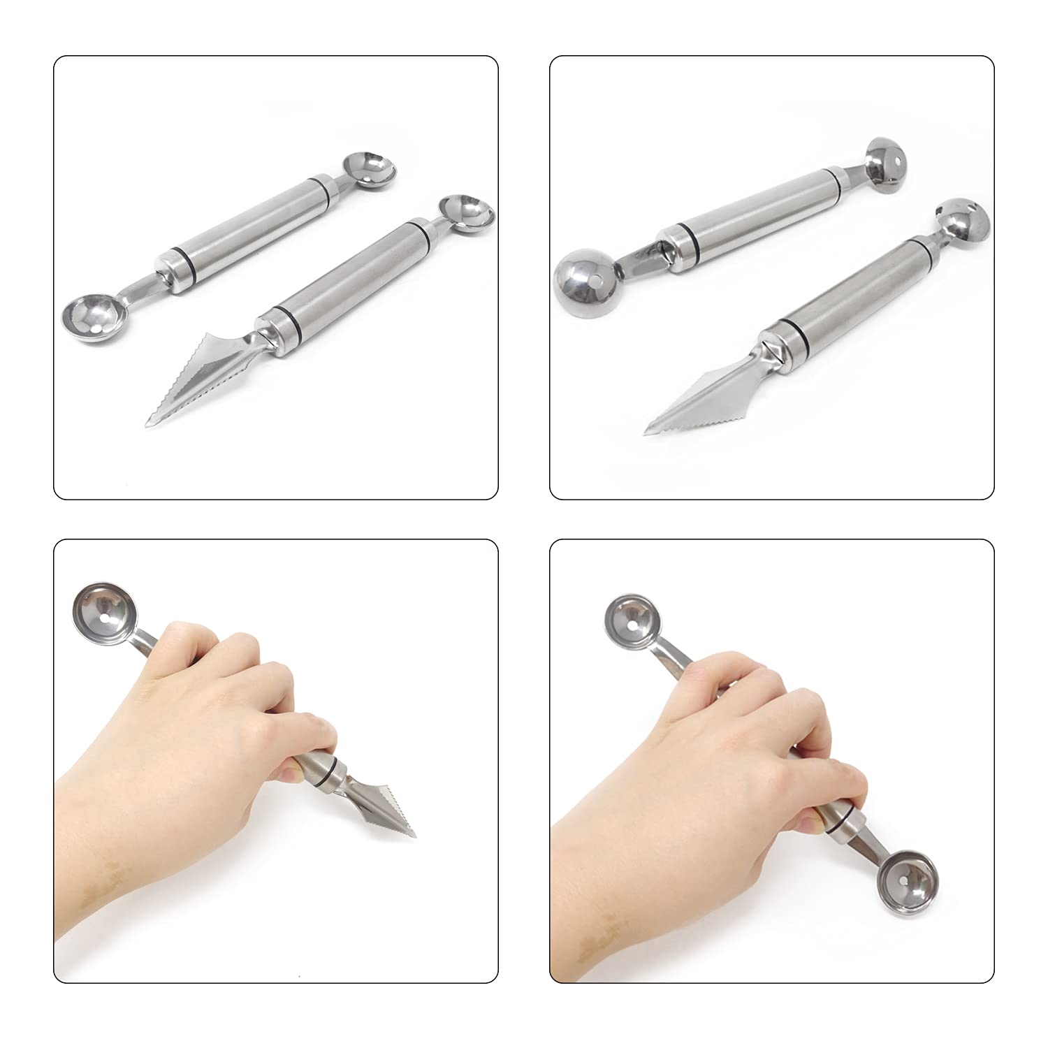 Honbay 2PCS Stainless Steel Double-Headed Melon Baller Scoop Fruit Carving Knife Dual-Purpose Cooking Spoon Kitchen Tools for Watermelon Cantaloupe Ice Cream Sorbet Dessert - Image 5