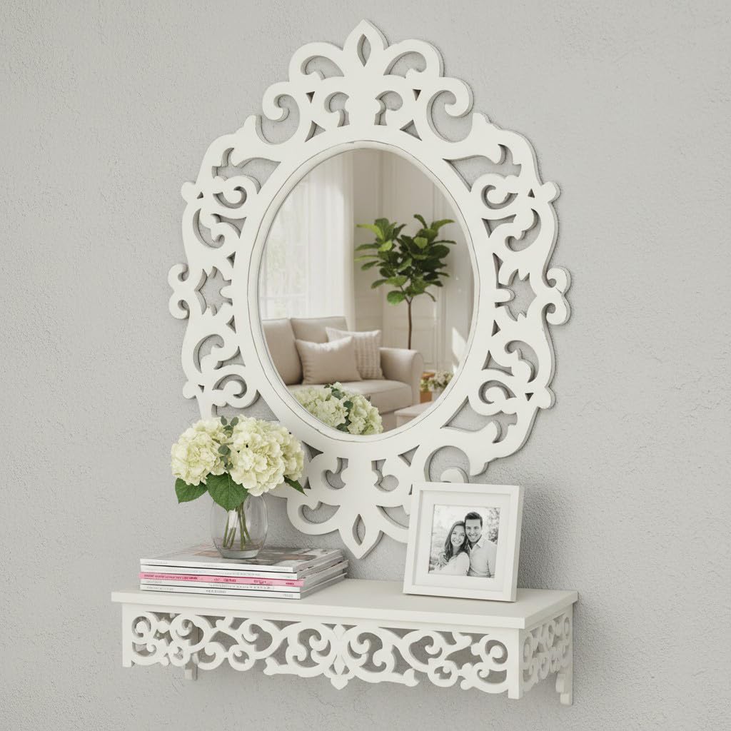 THE URBAN STORE Wall Mirror Wooden Distressed White Color 18"x14" Pack of One French Style Elegantly Hand Crafted Floral Carving Mirror for Home and Office Decor TUSMR79WH