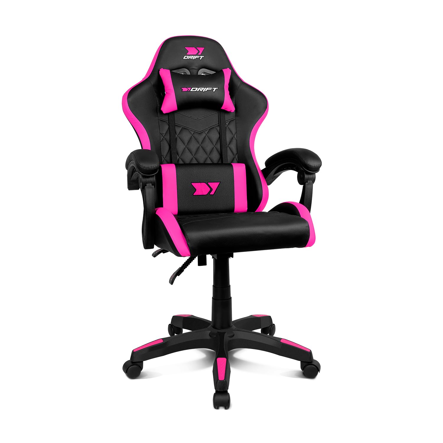 DRIFT GAMING DR35 – Profesjonalny ergonomiczny fotel gamingowy z podparciem lędźwiowym i regulowanymi podłokietnikami 2D, odchylany do 135°, ciche koła, tapicerka ze skóry syntetycznej, Czarny/Fuksja