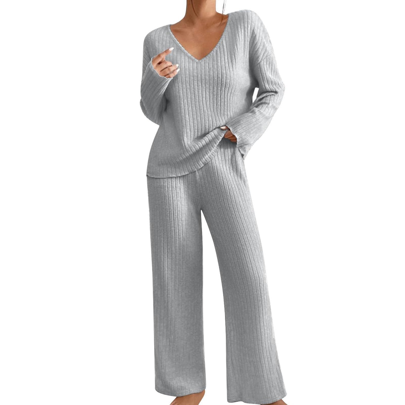 Loungewear Ensemble pyjama côtelé à manches longues pour femme | Ensemble de pyjama à manches longues et col en V en tricot et jambes droites - Vêtements de maison chauds - Couleur unie