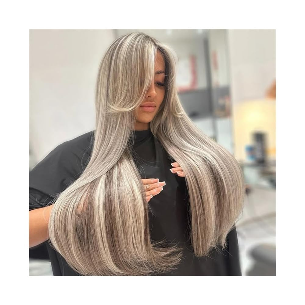 Haaraufsätze Peluca de Cabello Humano Liso con Encaje Frontal, 13x6, Color castaño Ceniza, Reflejos, Transparente(12inches)