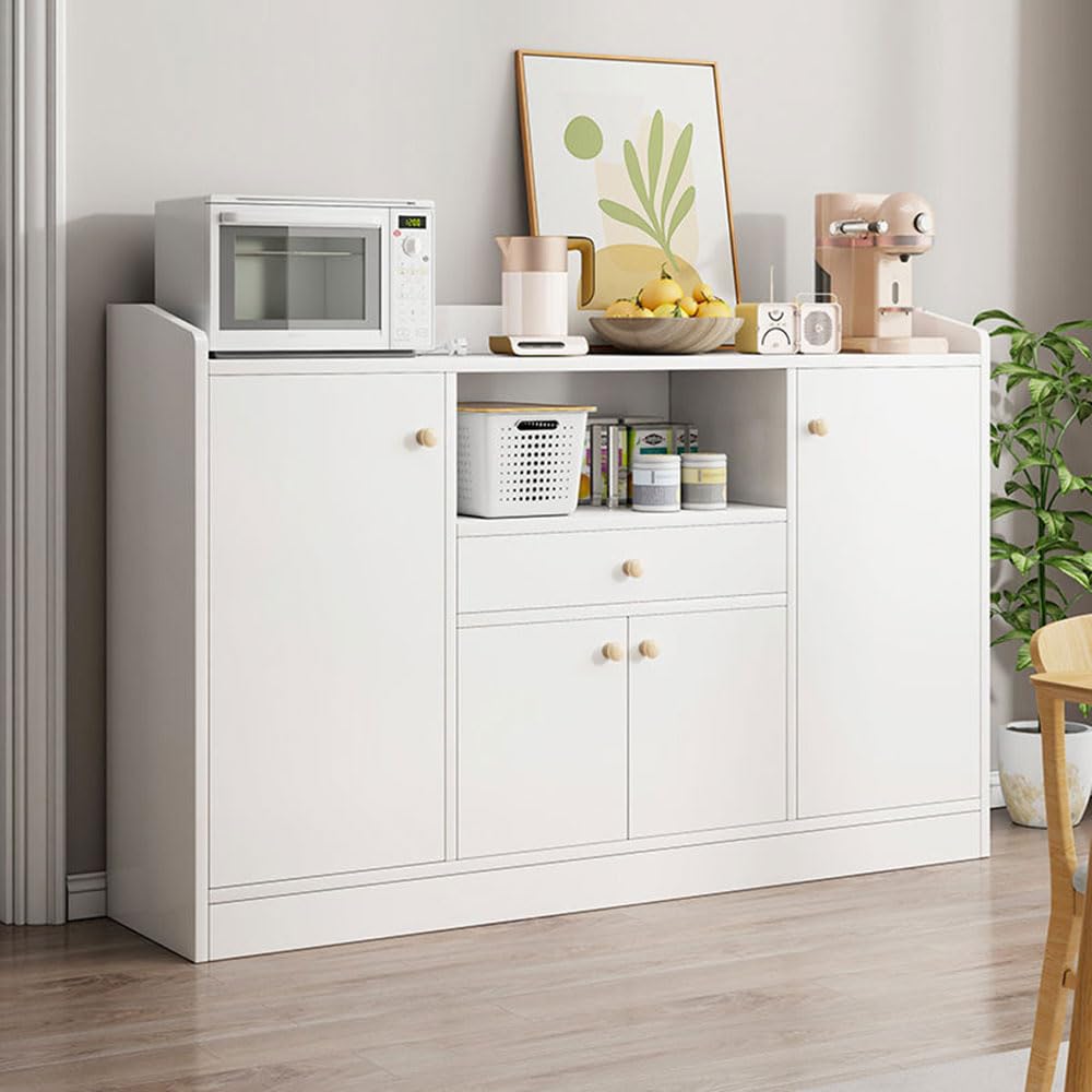 IEW Pantry Cabinet, MDF Wooden Dustproof Pantry Sideboard for Kitchen Utensil/Tableware/Spice, Kitchen Storage Cabinet with 1 Drawer 4 Doors, Microwave Oven Stand with Open Storage and Hidden Shelves