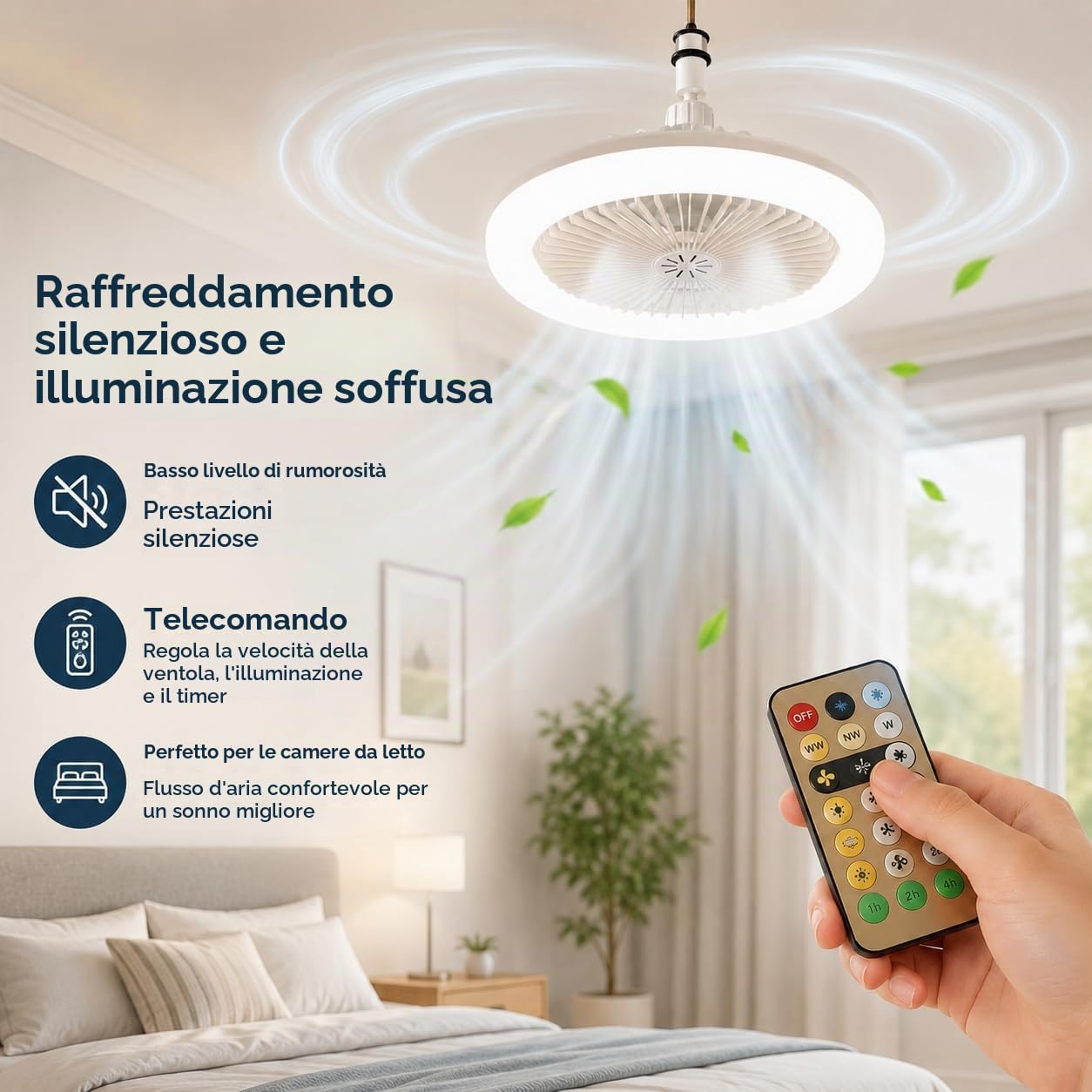 Pealeaf Ventilatore da soffitto con luce e telecomando, lampada ventilatore B22 & E27, 3 velocità, 3 modalità luce per camera, cucina e piccoli spazi (Upg.)