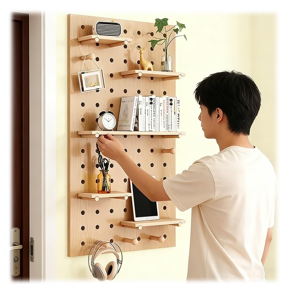Estante de madera para tablero de clavijas, kit de panel de almacenamiento de pared con clavijas y separadores de madera, estante flotante y almacenamiento colgante para dormitorio, apartamento