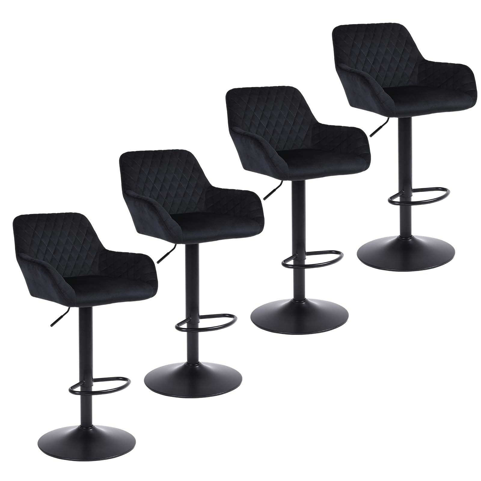 ralex-chair Bar Stools Set of 4, Height Adjustable Velvet Fabric Swivel Barstool Bar Chairs, Breakfast Dining Stools With Backrest and Armrest for Counter and Kitchen,Black