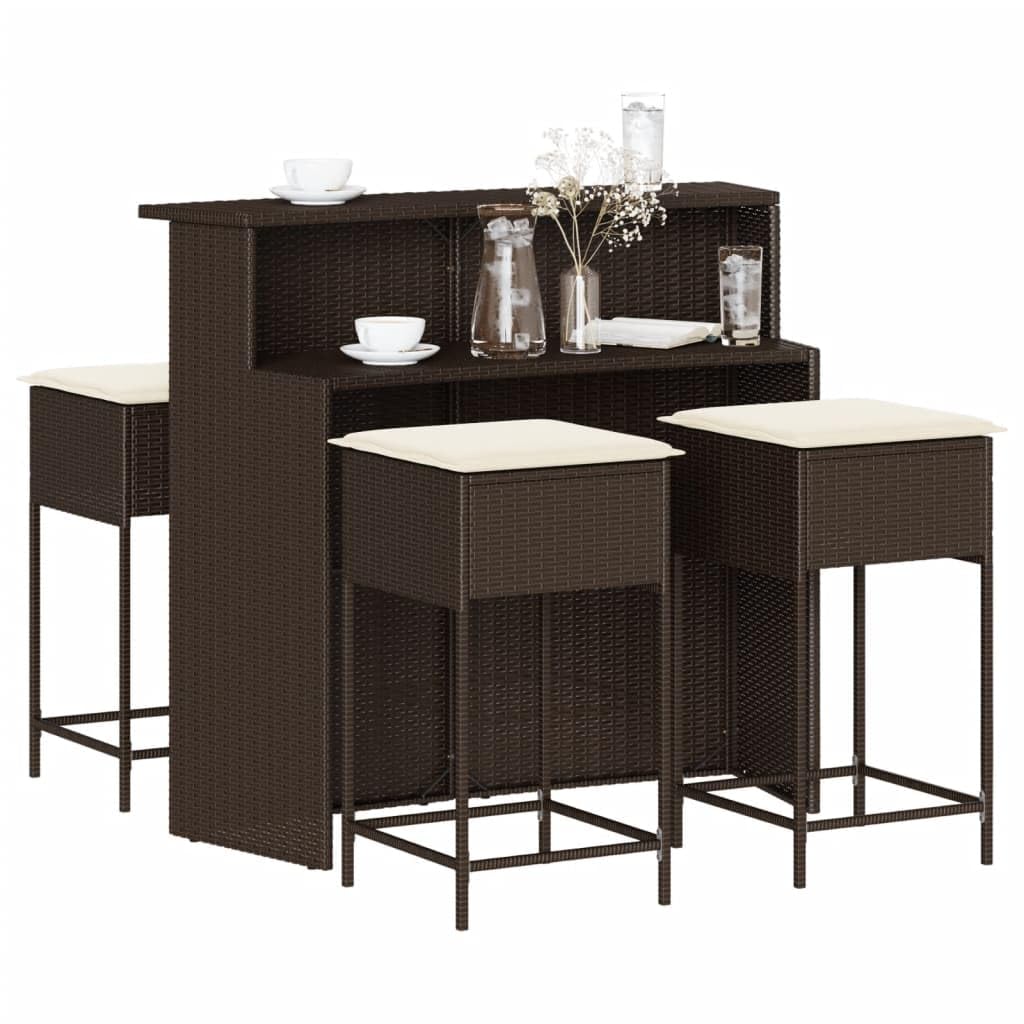 Juego de muebles de jardín con cojines de ratán sintético marrón para terraza, balcón, jardín, salón, comedor, muebles de exterior con mesa y taburetes