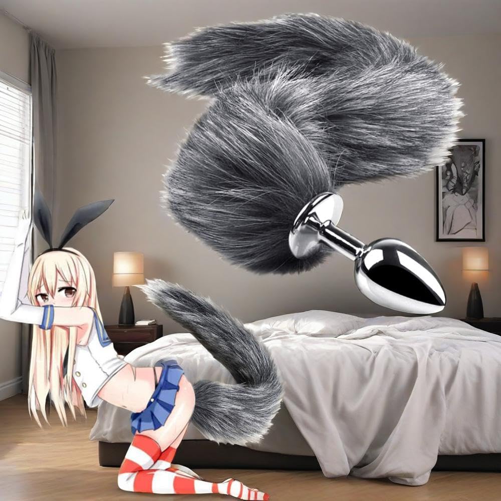 Db5Y- 16.7-Inch Stainless Steel Plush Smooth Single Exercise Artificial Fox Tail Plug Kit (Grey) Suitable for Special Holidays