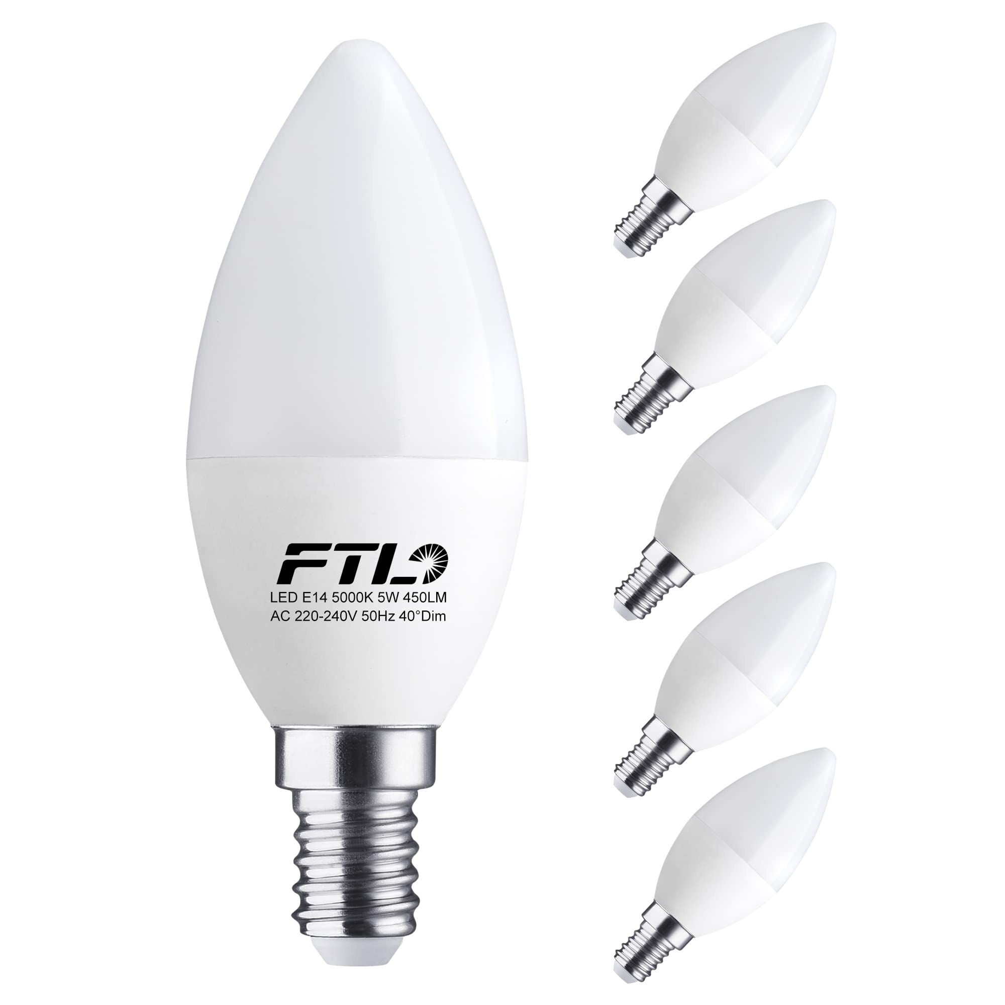FTL E14 LED Candle Dimmable Bulbs,E14 LED Light Bulb Cool White 5000K, Energy Saving Light Bulb 5W=45W Equivalent, E14 Candle Bulb 450LM, CRI＞80+, 6-Pack