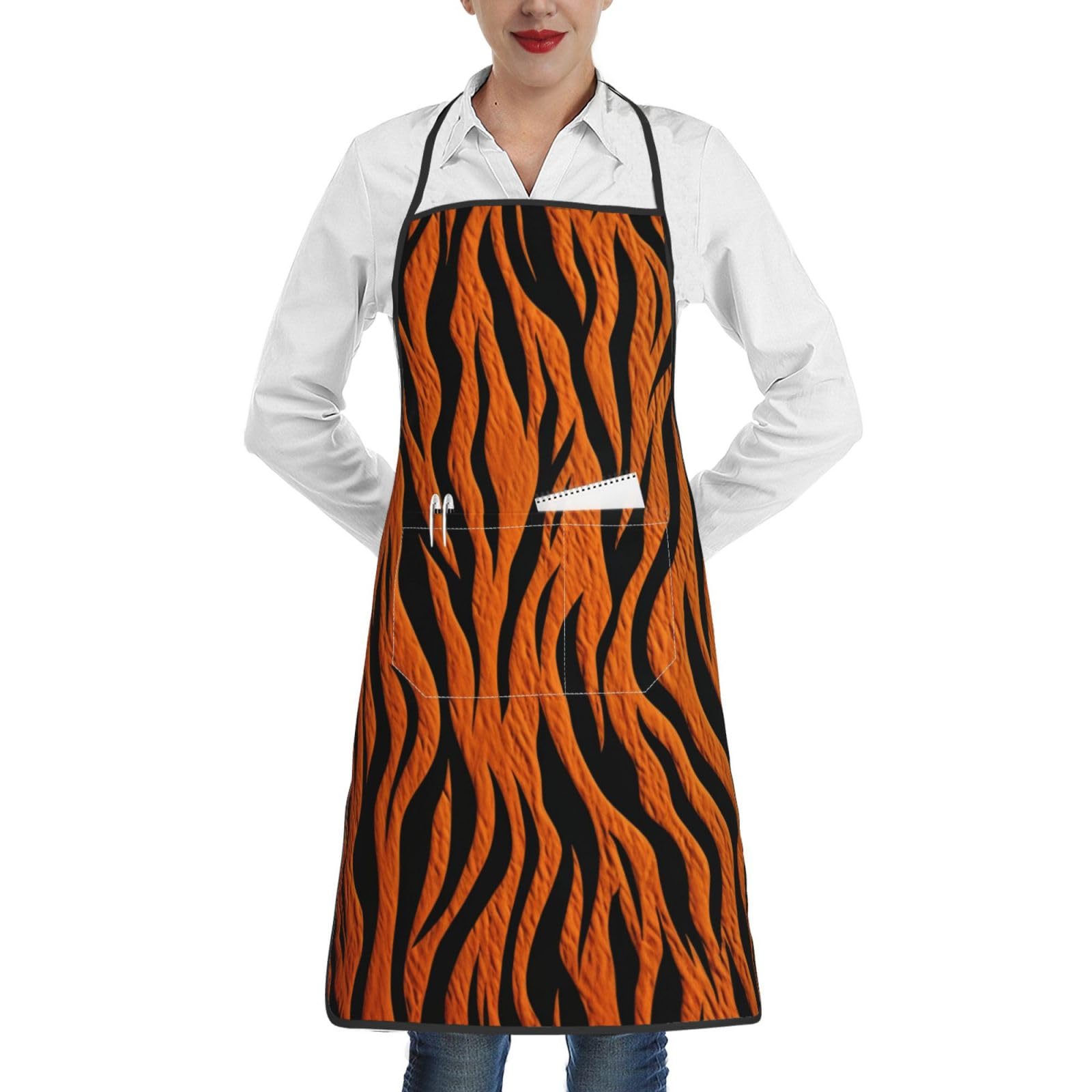 Tabliers orange à rayures tigrées pour femmes et hommes, imperméables, ajustables, avec 2 poches, doux et résistants, parfaits pour la cuisine, la pâtisserie, la peinture, le jardinage et le soin du c