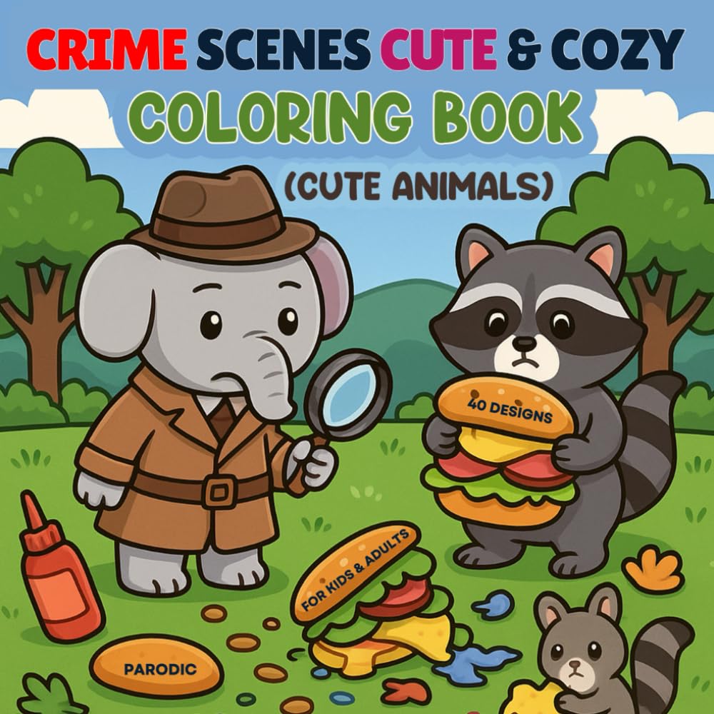 Crime Scenes Cute And Cozy Coloring Book: 40 Cute Animals Silly Crime Scenes Coloring Book For Adults, Teens and Kids. A Parodic Crime Moments Funny Adult Coloring Pages for Stress Relief.