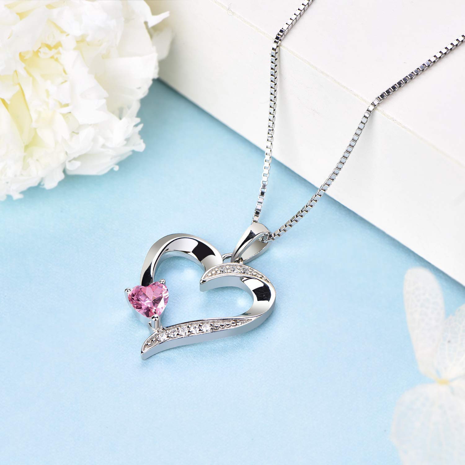 YL Collar de Corazón Plata de Ley 925 con 12 Piedras de Nacimiento Circonita Collar con Colgante de Corazón Doble para Mujer, 45-48cm