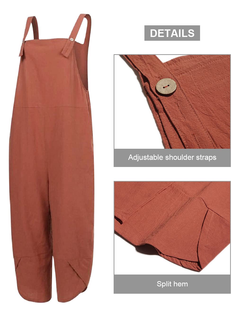Sommer Latzhose Damen Baumwolle-Leinen Stoff Overall Oversized Jumpsuit lässig mit Taschen 36 38 40 42 44 46 48 50