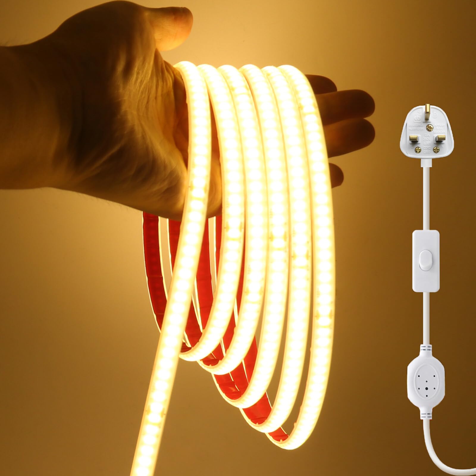 KAFULA 220V COB LED Strip Light with On/Off [11m,Warm White 3000-3500K],IP67 Waterproof Flexible,240 LEDs/m Silicone FCOB LED Fairy Lights CRI90+,Can be Cut Every 10cm,Home Lighting